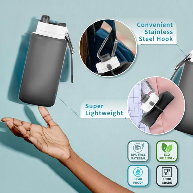 Miniatura 4 de vadoworld Botellas de agua plegables con boquilla y mosquetón, silicona sin olor sin BPA, botella plegable reutilizable a prueba de fugas, perfecta