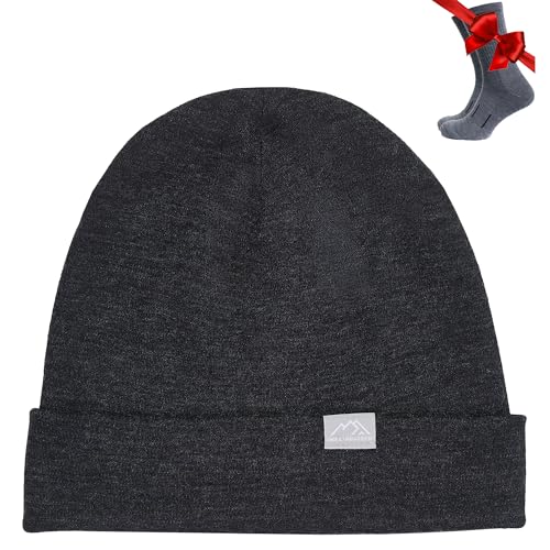Merino Wool Beanie Men and Women – Cuff Merino Wool Hats for Men and Women - Unisex Adult Beanie Hat and Socks (Charcoal Grey, Large-XLarge)