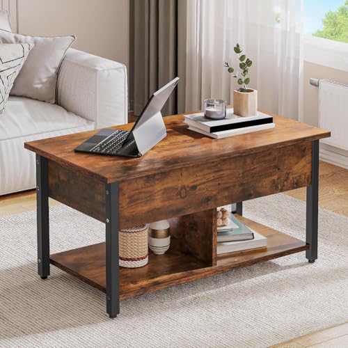 DWVO Lift Top Coffee Table, Coffee Tables with Large Hidden Storage Wood Coffee Table Lift Up Center Table for Living Room, Office, Rustic Brown