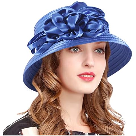 VECRY Womens Church Baptism Wedding Cloche Hat Tea Party Derby Dress Bowler Hats (Blue) Cover