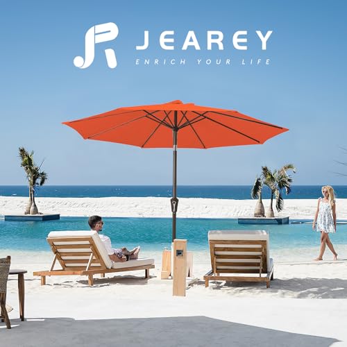 Image of JEAREY Outdoor Patio Umbrella 9FT Outdoor Table Umbrella with Push Button Tilt and Crank, Market Umbrellas 8 Sturdy Ribs UV Protection Waterproof for Garden, Deck, Pool (Red Orange)