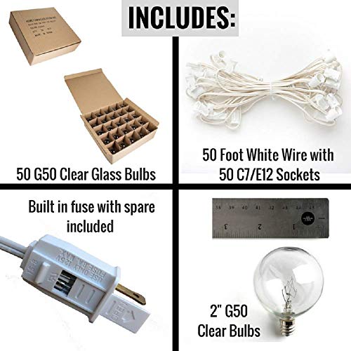 Hometown Evolution, Inc. 50 Foot Globe String Lights - G50 Clear 2 Inch Bulbs (White Wire) - Indoor Outdoor String Lights For Bedroom, Tent, Canopy, Bistro, Cafe And Party Lighting #TOP6