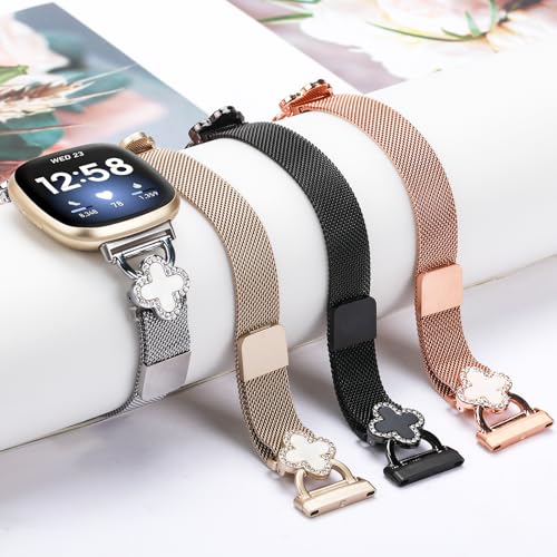 Band Compatible with Fitbit Sense/Sense 2 Versa 3/Versa 4 for Women Stainless Steel Magnetic Strap Adjustable Four Leaf Clover Watch Bands.