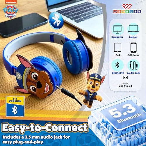 Image of Wembley Paw Patrol Kids Wireless Bluetooth Headphones with Mic | Foldable Over Ear Headphones for Boys & Girls 3-8 Years | 90dB Safe Volume, AUX & USB Charging | Travel, Study & Music