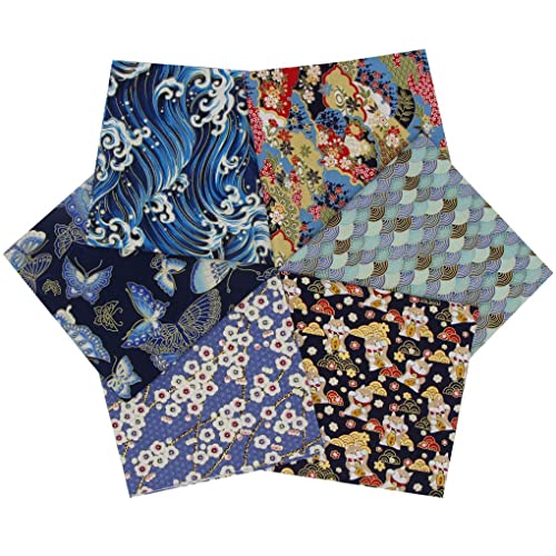 Jukway 6Pcs 40x40cm Cotton Fabric Squares Bundles Deco Style Printed Floral Fabric Patchwork Bronzing Designs Crafts Cloths for Sewing Quilting DIY Decoration Scrapbooking Handwork (Navy Blue -B)