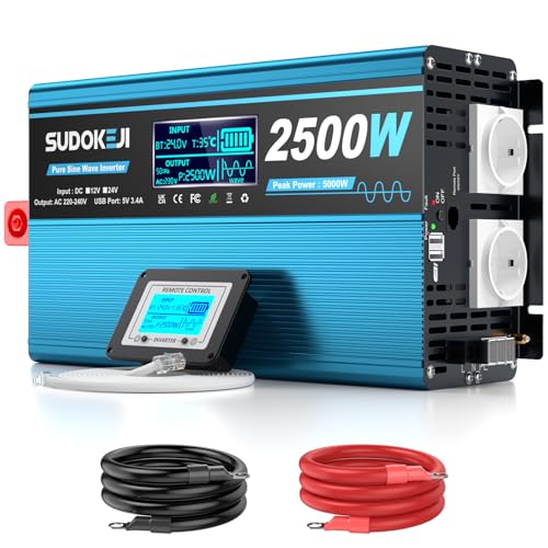 SUDOKEJI Inversor 2500W Onda Senoidal Pura 24V a 230V – Convertidor con 2 Tomas Schuko, 2 Puertos USB y Mando a Distancia – Ideal para Camión, Autocaravana, Camper, Emergencias en Casa