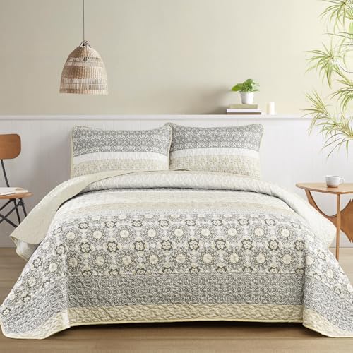 WONGS BEDDING Boho Quilt Set Full Size,Beige Bohemian Striped Patchwork Bedspread Set,3 Pieces Microfiber Bedding Set for All Seasons (78'×90')