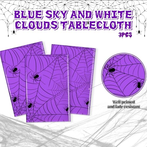 Image of Miucat 3Pcs Halloween Tablecloth - Spider Web Table Cloth, Plastic Disposable for Party Decorations 54 inch x 108 inch (Purple)