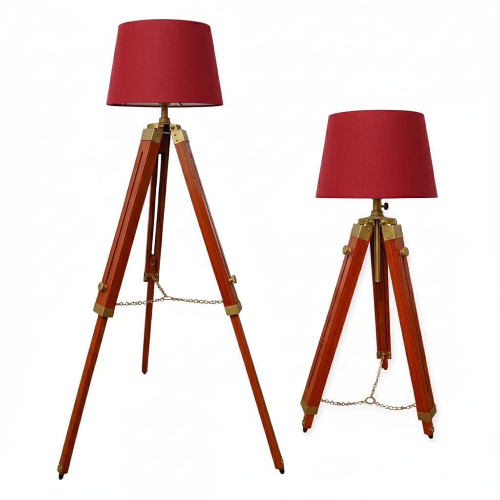 M A, Adjustable Vintage Tripod Floor Lamp with 12-inch Red Fabric Shade | Wooden Nautical Standing Light for Living Room Decor | Brass & Nickel Accents-image-32