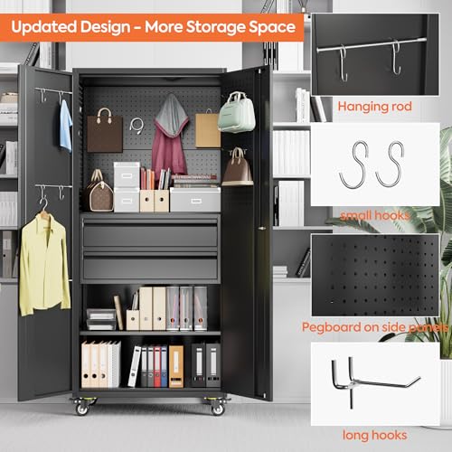 Image of Metal Garage Storage Cabinet with Wheels, 2 Internal Drawers