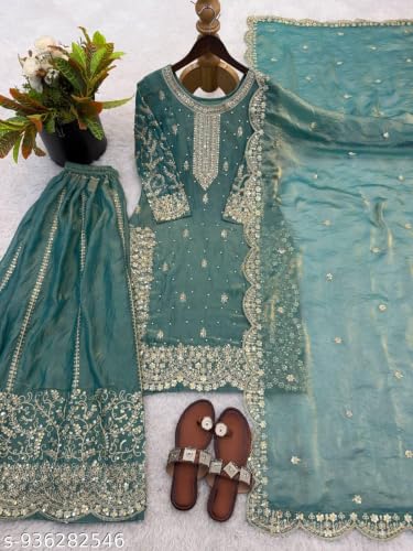 Image of Women's Casual Salwar Suit Pure Heavy Fendy Silk With Embroidery Sequence Work Full Sleeves Salwar Suit With Dupatta.Women's Ethnic Wear