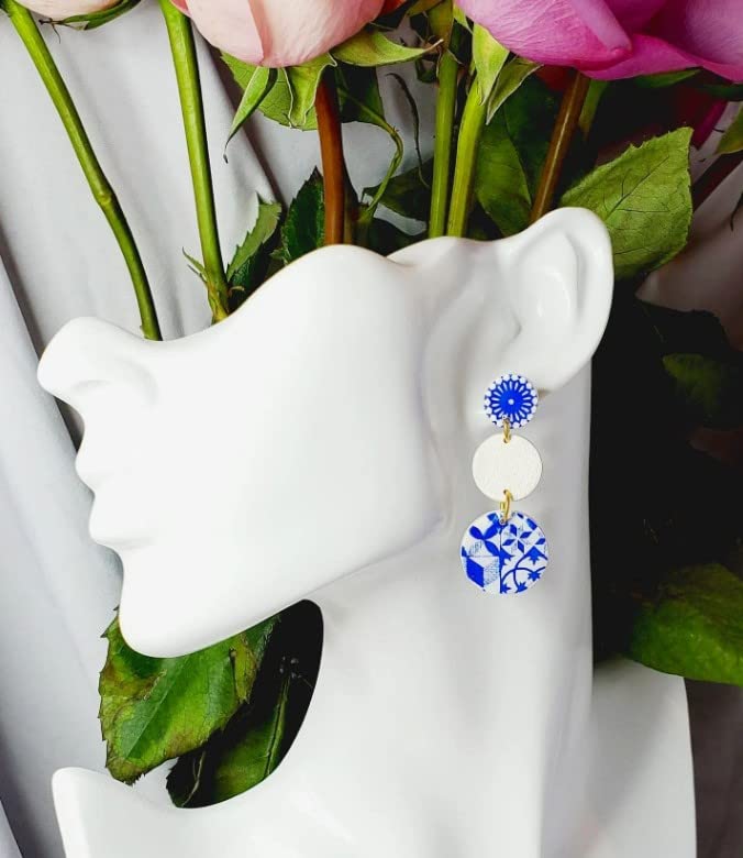 Miniatura 5 de Elegant Handmade Moroccan TileMiddle Eastern Style Blue and White Dangle Polymer Clay Earrings