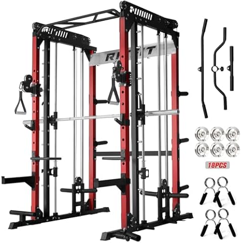 RitFit M1 Pro Smith Machine with Cable Crossover System, Multi-Function Squat Rack Power Cage for Home Gym, Power Rack and Packages Red Cover
