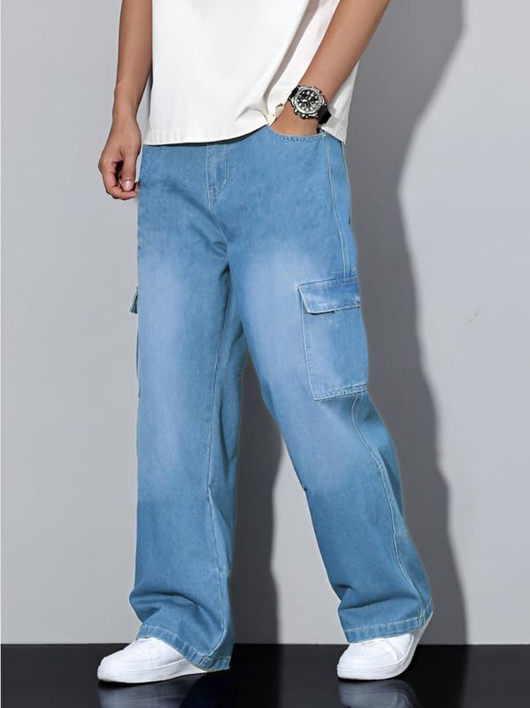 Image of Ben Martin Men's Denim Cotton Cargo Jeans || Stretchable Baggy Fit || High Waist Loose Cargos for Men with Box Pockets || Stylish Gen-Z Streetwear || Sizes 28-40 || Black, Khaki, Grey & More (1)