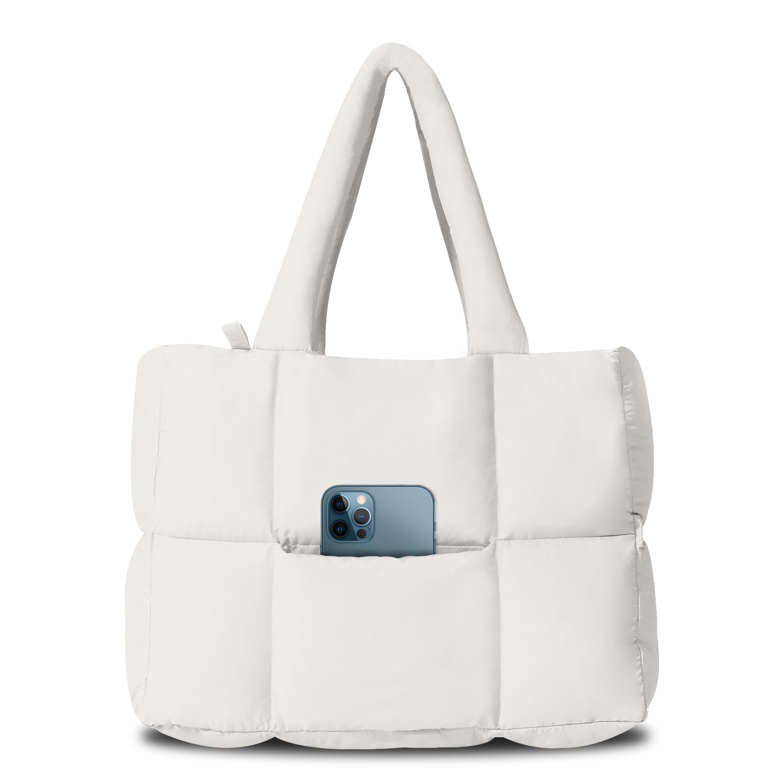 Puffer Tote Bag for Women, Quilted Shoulder handbag for Travel, Work, Gym | nylon lightweight bag, waterproof, cloudy, zipper, compartments, nurse bag, adjustable crossbody strap