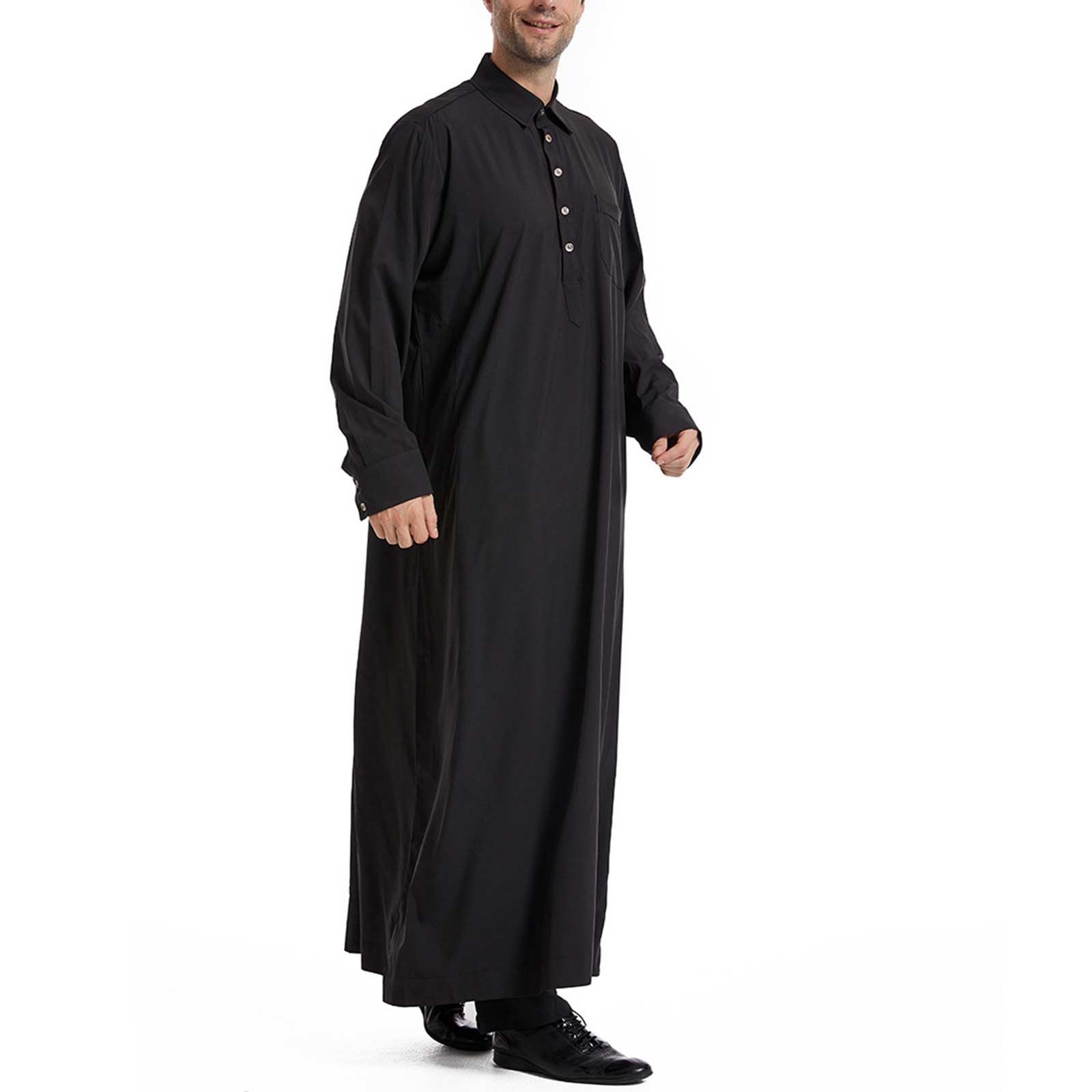 Męski długi szlafrok Thobe Jubba, islamska odzież ze stójką i guzikiem z przodu, arabski muzułmański kaftan Abaya, dopasowany krój, strój w stylu saudyjskim, do modlitwy Eid Ramadan