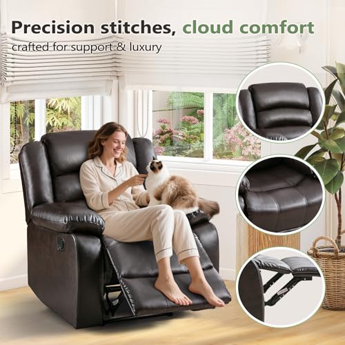 Image of ANJ Manual Recliner Chair Set of 2, Breathable Faux Leather Reclining Chairs with Overstuffed Arm and Back, Living Room Single Sofa Recliners (Dark Brown)