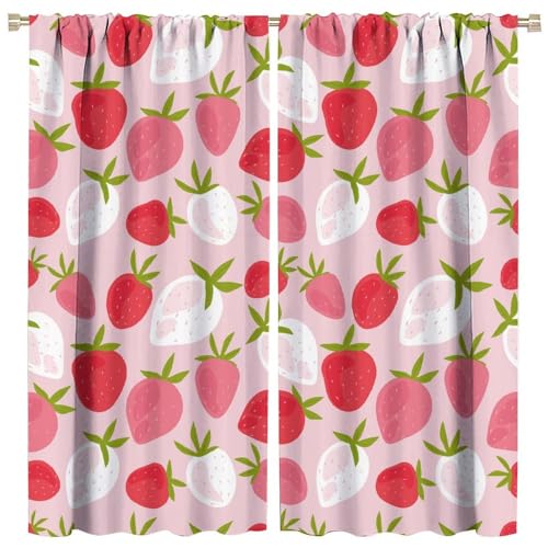Image of OVBOKEY Cute Pink Curtains, Strawberry Decor, Girls Bedroom & Kitchen W42xL45 Inch