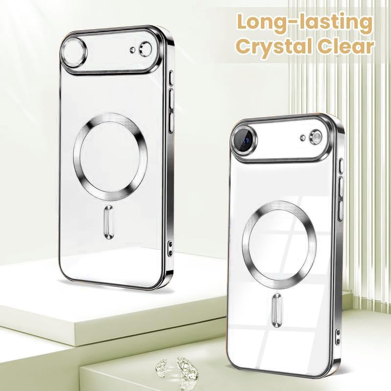 Image of VONZEE Electroplating Transparent Clear Logo Back Cover TPU Compatible with iPhone 17 Air Case, Compatible with Magsafe, Full Body & Individual Camera Protection for Each Lens for Men & Women (Grey)