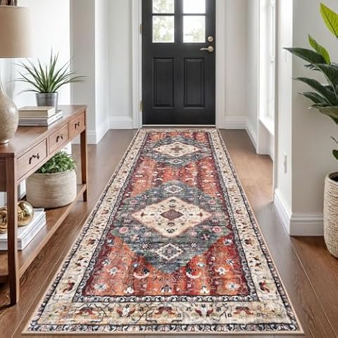 KOZYFLY Runners for Hallways 3x8 Ft Washable Kitchen Runner Rug Boho Runner Rug for Entryway Indoor Rust Orange Printed Oriental Faux Wool Floor Carpet Runner for Bedroom Kitchen Hall Cover