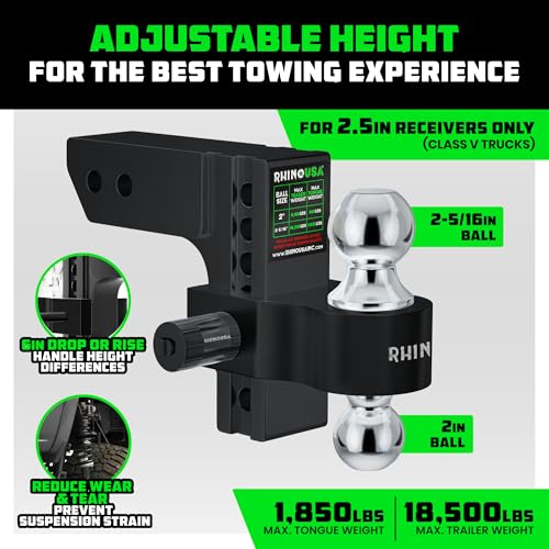 Image of Rhino USA Adjustable Trailer Hitch (2.5-Inch Receiver) - Heavy Duty Aluminum Tow Hitches with 6-Inch Drop /Rise for Truck (18,500 LBS GTW) - Weatherproof Double Anti-Theft Locking Hitch Pins (Black)