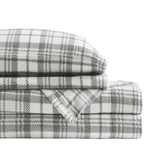 Image of True North by Sleep Philosophy Micro Fleece Bed Sheet Set, Warm, Sheets with 14 inch Deep Pocket, for Cold Season Cozy Sheet-Set, Matching Pillow Case, Twin, Grey Plaid, 3 Piece