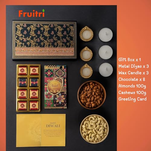 Image of Fruitri Premium Diwali Gift Hamper with Almonds, Cashews, Assorted Chocolates, Diyas & Wax Candles - Luxury Festive Gift Box with Greeting Card for Family, Friends & Corporate Gifting
