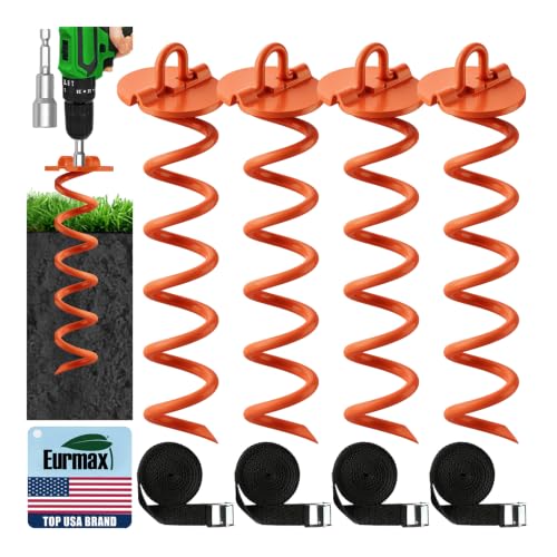 Image of Eurmax USA 4-Pack Spiral Ground Stakes,Anti-Rust High Wind Trampoline Stakes Anchors,Heavy Duty Screw-In Anchor Kit with Tie Down Straps for Dog Tie-out,Trampoline,Tents,Tarps,Carports and more,Orange