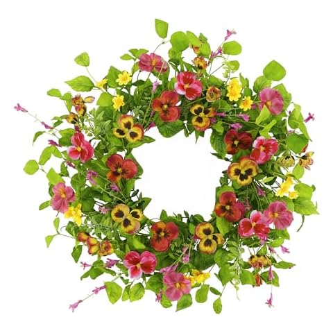 YNYLCHMX 18" Spring Wreaths for Front Door Summer Wrerath with Ivy Leaves Daisies Pansies Rose Leaves Cover