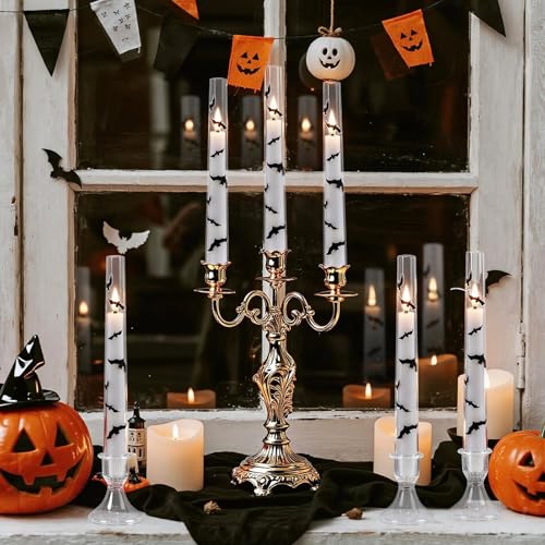 Image of GenSwin Halloween Flameless Taper Candles, 4 Pack Bats LED Taper Candles Battery Operated with Remote Timer, Acrylic Flameless Candlesticks with Bat Prints for Halloween Decor(0.78 inch x 7.87 inch)
