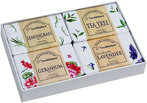 Touch Nature ALL NATURAL 4-Pack Cold Process Soap Gift Set. Pure Essential Oils of Lavender. Geranium. Lemongrass. Tea Tree. No Parabens. No Sulphates. Bio-Degradable. Detoxifying.