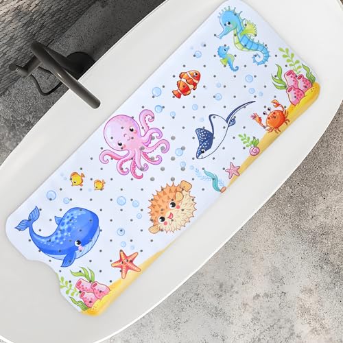 La Mejor Recopilación de Alfombrillas infantiles para baño para comprar online. 41 SYCYKA Tapete para Baño, 100x40CM Alfombrilla de Baño Antideslizante, Alfombrilla de Ducha de Dibujos Animados con Orificios de Desagüe y Ventosas, Adecuado para Baños y Duchas...
