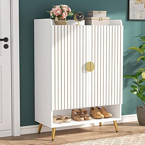 Tribesigns Shoe Cabinet with Doors, 6-Tier Shoe Storage Cabinet with Adjustable Shelves, Wooden Shoes Rack Shoe Storage Organizer for Entryway, Hallway, Closet, Living Room, White & Gold Cover