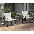 HOMPUS 3 Piece Outdoor Rocking Conversation Set, Patio Rocker Chair Set with Beige Cushions & Side Table, Weather Resistant Furniture Sets for Small Porch & Backyard
