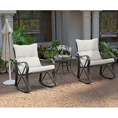 HOMPUS 3 Piece Outdoor Rocking Conversation Set, Patio Rocker Chair Set with Beige Cushions & Side Table, Weather Resistant Furniture Sets for Small Porch & Backyard