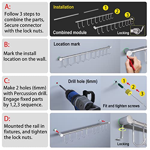 Okepoo 304 Stainless Steel Kitchen Utensil Hanger - 30 Inch Wall Mount With 15 Noiseless Sliding Hooks, Pots And Pans Hanging Rack thumb #3