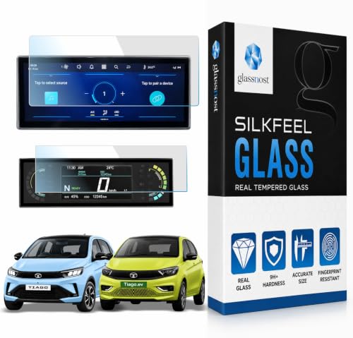 Image of [2 PACK] TEMPERED GLASS For TATA TIAGO & TIAGO EV 2026 Facelift 10 inch Infotainment + 5 inch Instrument Cluster || Universal High Definition Screen Guard || Anti Scratch || Water Resistant || 9H Hardness || Bubble Free Installation || Robust Protector For Tata Base Model | Car Radio | CarPlay Protective Accessory 2025+ || [REAL GLASS. NOT PLASTIC]