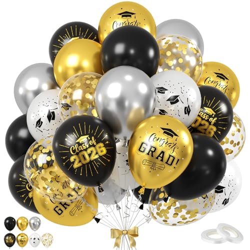 Image of Black and Gold Graduation Balloons, 60PCS Congrats GRAD Cap Printed Balloon, 12 Inch Metallic Silver Gold Confetti Latex Party Balloons Helium for Class of 2026 Graduation Ceremony Party Decorations
