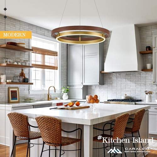 Image of LED Ring Chandelier Dimmable Gold Walnut Wood Chandeliers