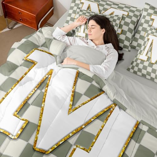 Image of Erosebridal Sage Green Checkered King Bedding Set 7 Piece Plaid Initial M Bed in A Bag with Sheets Personalized Monogram Comforter Set for Kids Adults,Fashion Grids Gingham Bed Sets