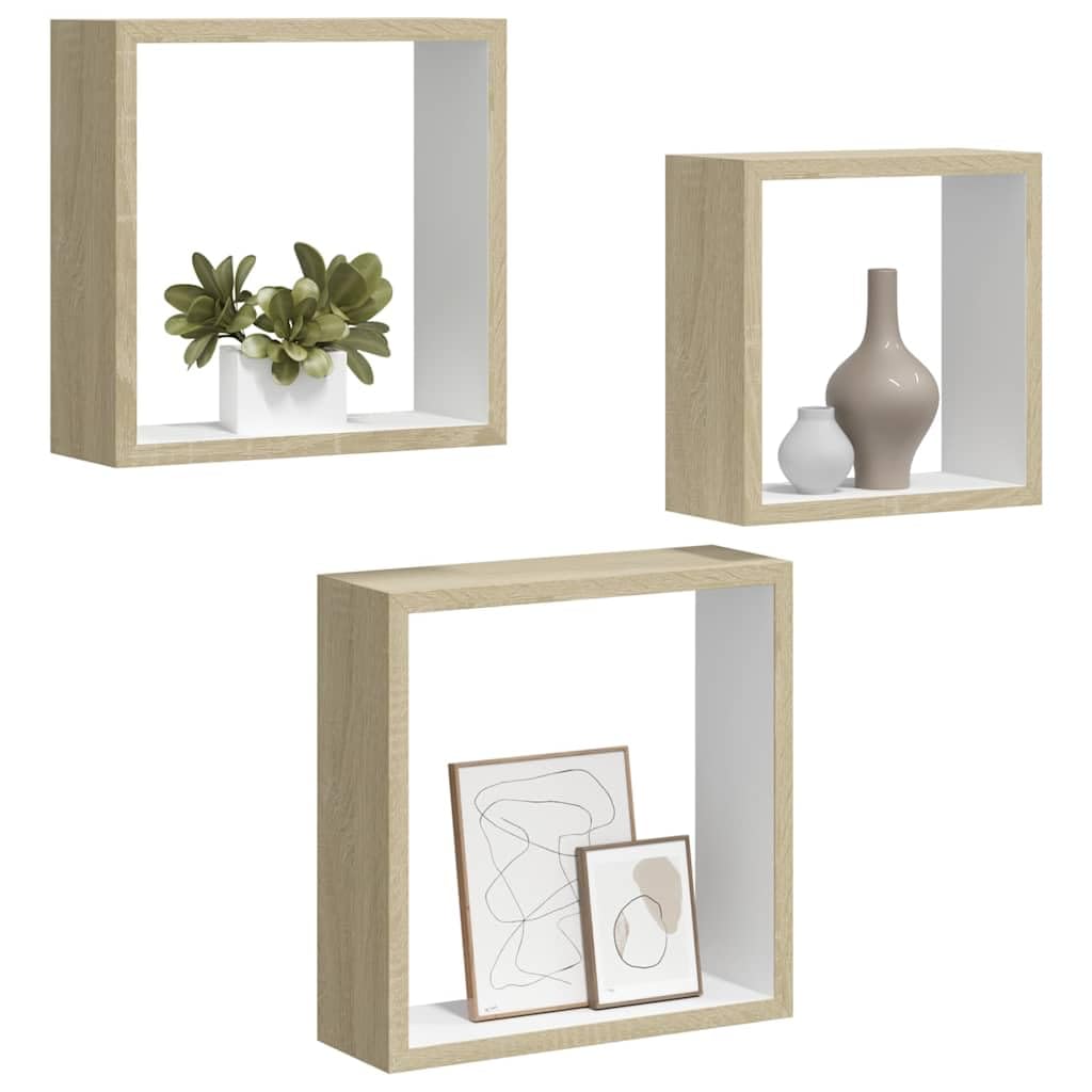 Würfelregale 3 STK. Weiß Sonoma-Eiche MDF Wandregal Schweberegal mit unsichtbarer Halterung Regalwürfel für Wohnzimmer Schlafzimmer Büro Küche zur stilvollen Ablage und Dekoration