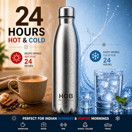 Image of House of Bhaskar Thermosteel Water Bottle 1 Litre | 24 Hours Hot & Cold Insulated Vacuum Flask | Double Wall Stainless Steel, BIS Certified, Leakproof 1000ml for Office, Gym, School, Travel