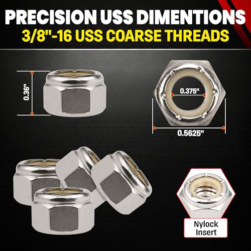 Image of Chenango Supply 3 /8-16 Stainless Steel Nylon Insert Lock Nuts - 304 Stainless, USS Coarse Thread, Reusable Nylock Design, Corrosion-Resistant Hardware, (50 Pieces, 3 /8-16 NyHxNut)