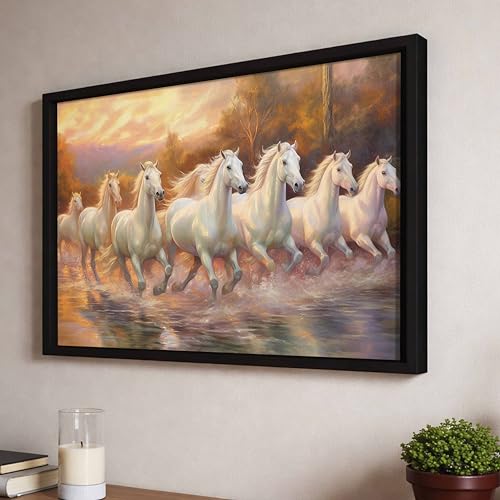 Image of PAINTINGMANTRA 7 White Running Horses Vastu Framed Wall Art | Symbol of Success, Harmony & Positive Energy | Premium Wall Decor for Living Room & Office, 14x18 Inch