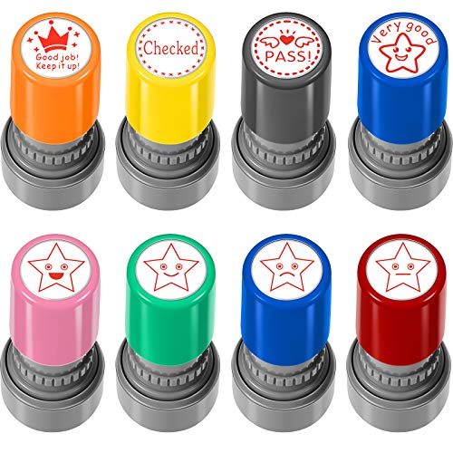 8 Pieces Teacher Self-Inking Rubber Stamps Mood Expressions and Comments Photosensitive Teacher Review Stamps for Kids Education Review School Prizes (All Red Ink)