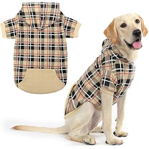 EXPAWLORER Plaid Dog Hoodie - British Style Soft and Warm Dog Sweater with Leash Hole, Hooded Cold Weather Clothes, Dog Sweatshirt, Outfits, Winter Coat for Small Medium Large Dogs Cover