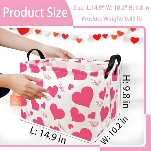 Image of Pink Valentines Day Basket for Kids Heart Shaped Storage Box for Gifts Empty Fabric Storage Bins Rectangular Toy Organizer with Handles Room Decor (Large Love)