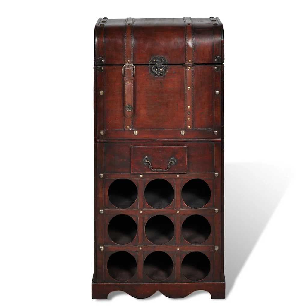 Botellero de madera para 9 botellas con baúl de almacenamiento y cajón, soporte para botellas de vino, para sala de estar, cocina