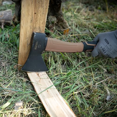 KSEIBI Outdoor Camping Hatchet with Sheath for Splitting and Kindling Wood, Forged Steel Blade with Anti-Slip and Shock Reduction Handle Great Throwing Axes and Hatchets (Tuscan Brown)