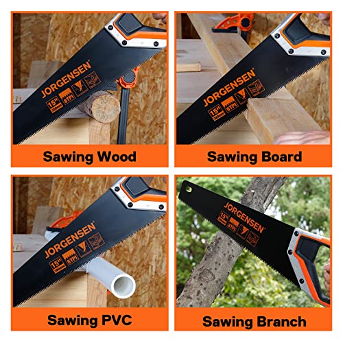 JORGENSEN 15” Hand Saw, Black Coated Coarse Handsaw 8TPI for Wood Cutting, Ergonomic Non-Slip Aluminum Handle for Sawing, Trimming, Gardening, Pruning, PVC - Image 7